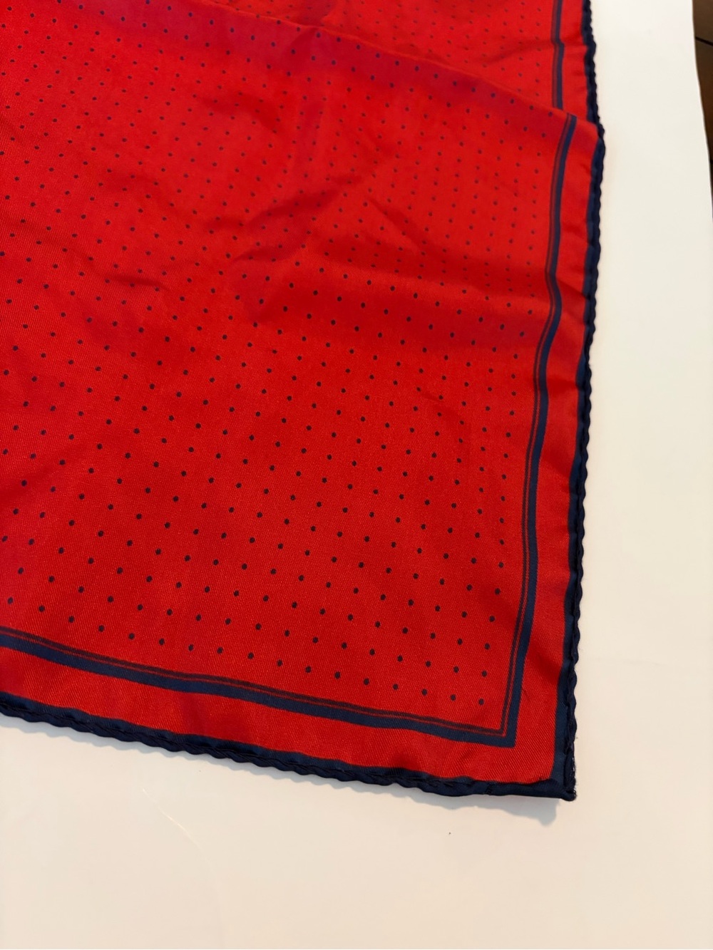 Vintage Silk Pocket Square Red Polka Dot Blue Border No Tag 16”